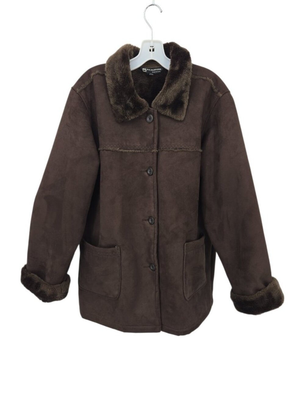 Womens Faux Fur Collar Coat XL Faux Suede Chocolate Brown Barn Chore Winter